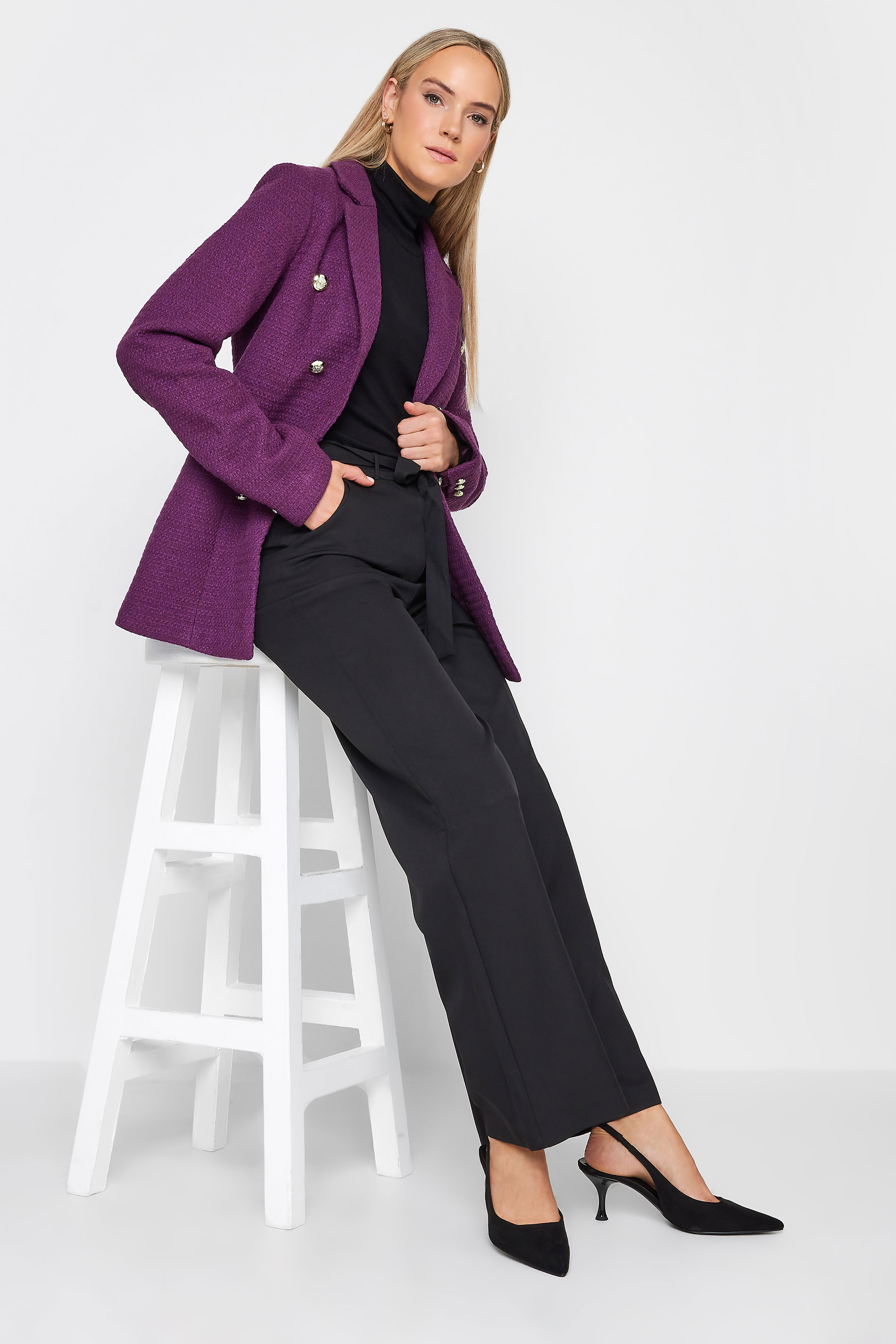 LTS Tall Dark Purple Boucle Button Detail Blazer | Long Tall Sally  2