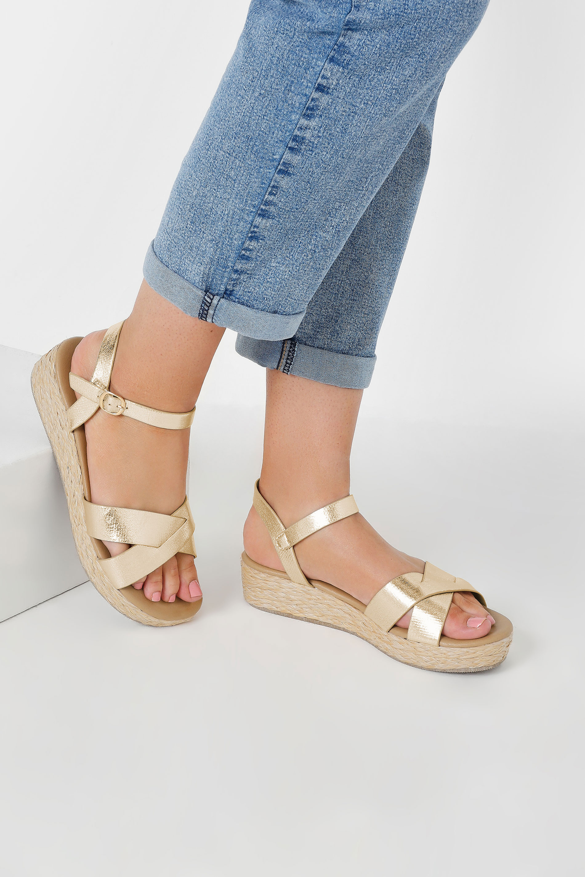 Gold Cross Strap Platform Wedge Sandals In Wide E Fit & Extra Wide EEE Fit | Yours Clothing 1