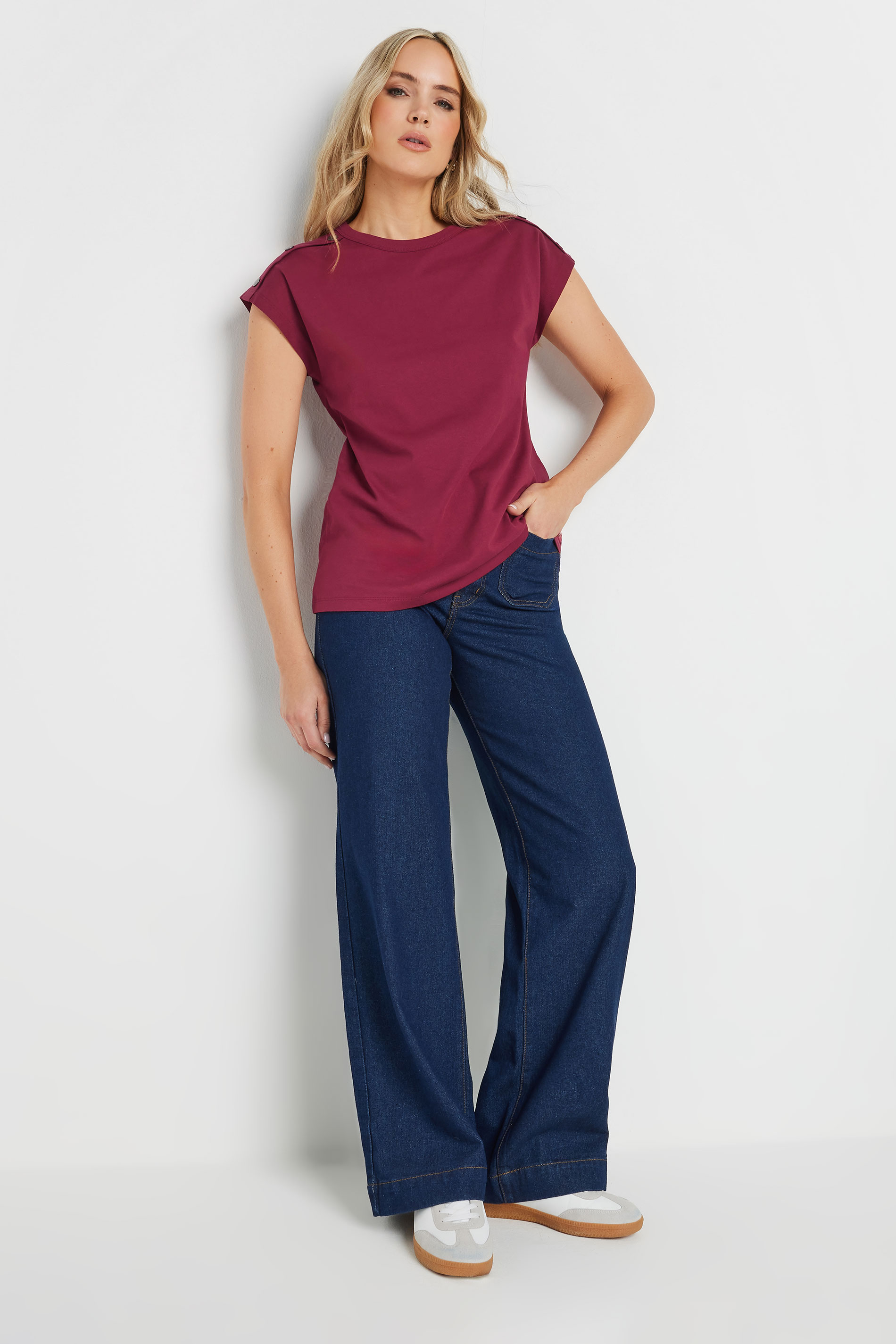 LTS Tall Burgundy Red Shoulder Button Short Sleeve T-Shirt | Long Tall Sally 2