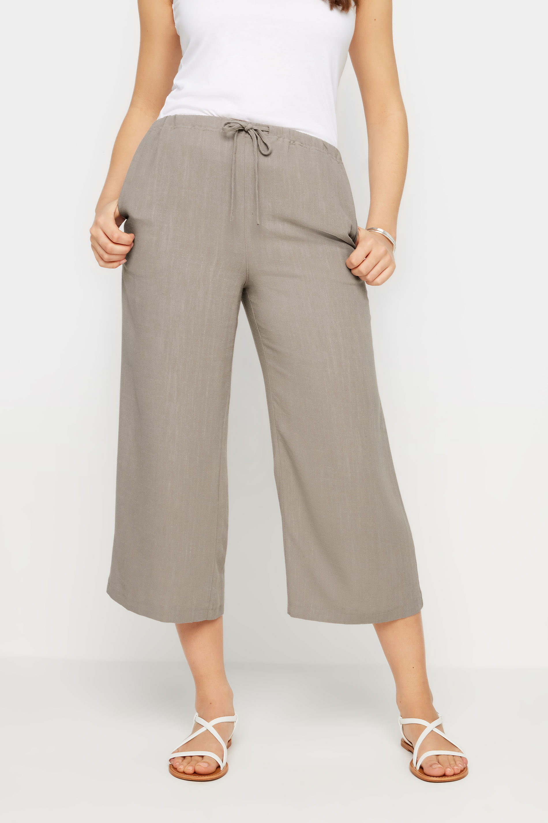LTS Tall Women's Beige Brown Linen Tie Waist Cropped Trousers | Long Tall Sally  2