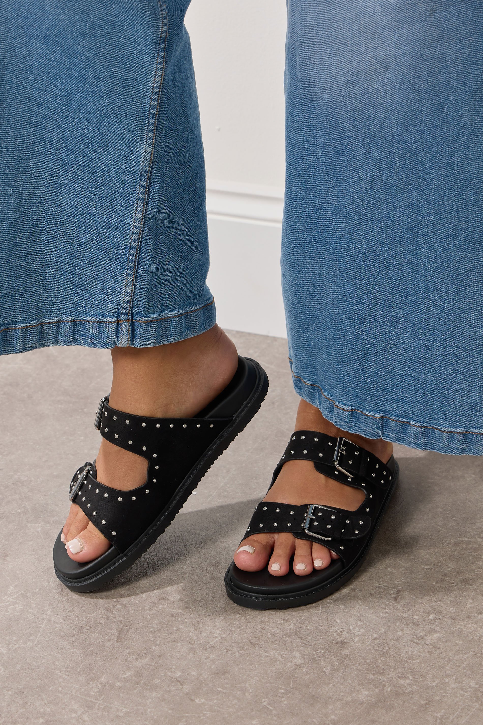 Black Studded Buckle Strap Sandals In Extra Wide EEE Fit | Yours Clothing 1