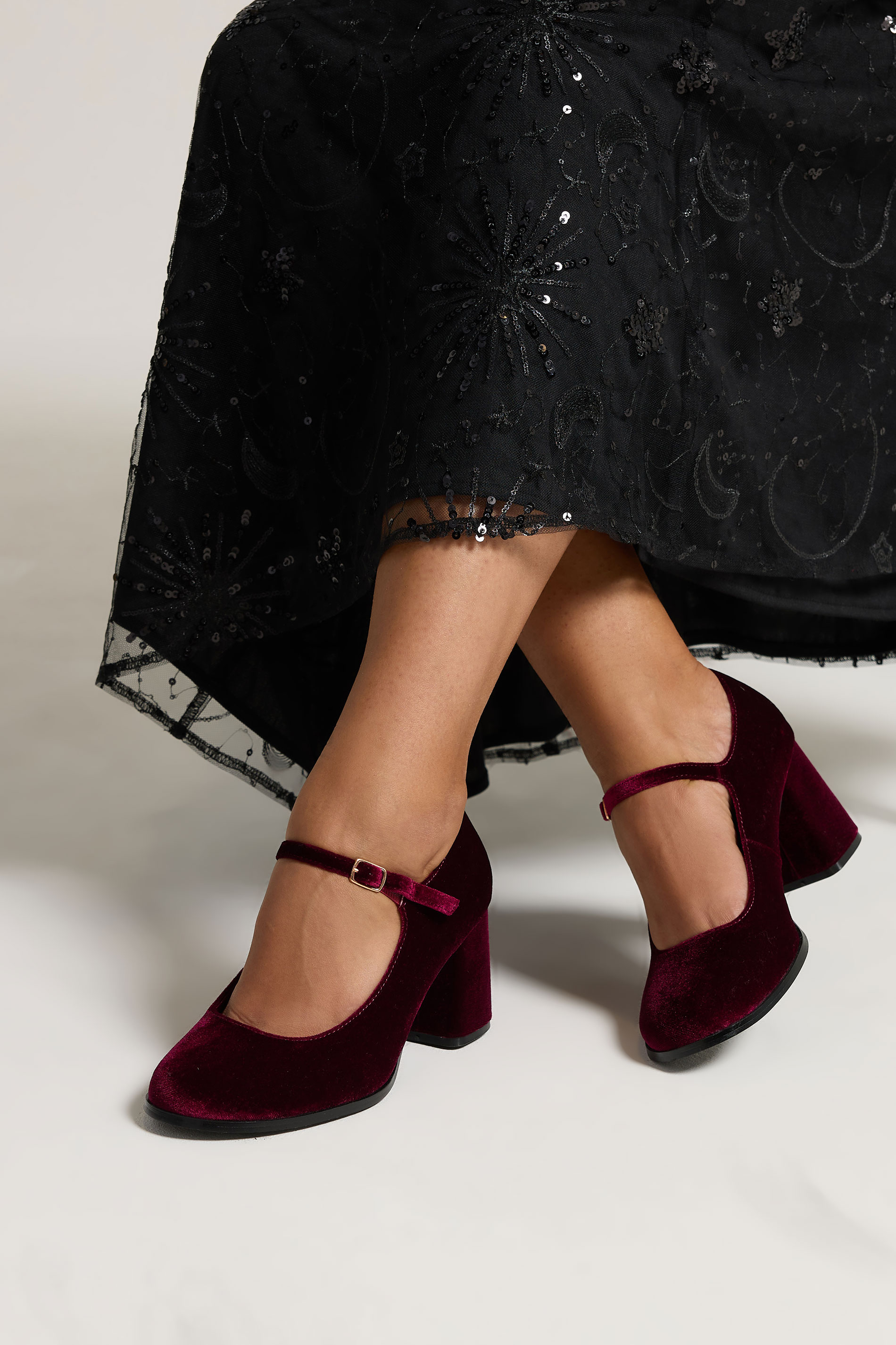 Burgundy Red Velvet Mary Jane Block Heels In Extra Wide EEE Fit | Yours Clothing 1