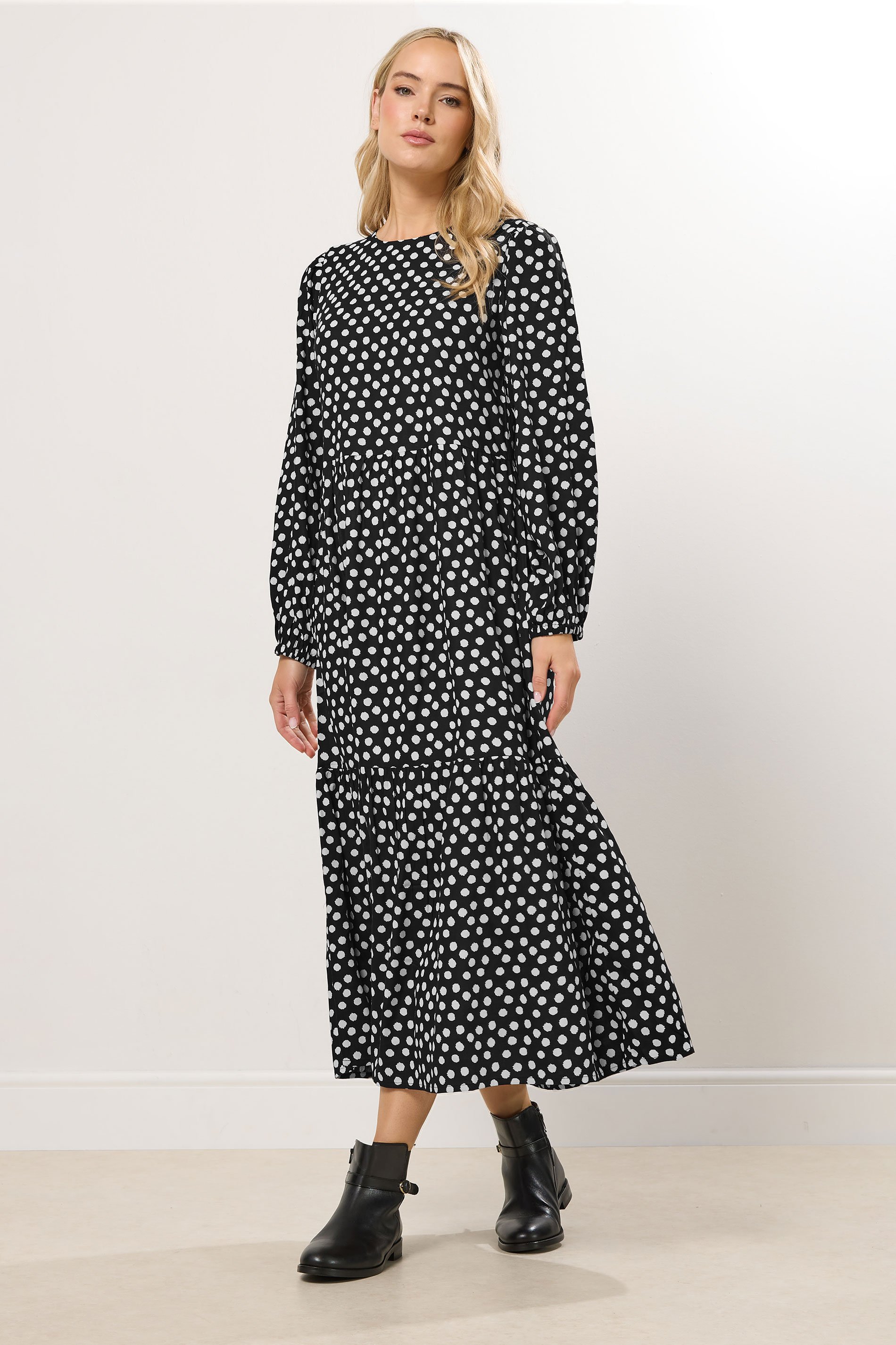 LTS Tall Women's Black Spot Print Tiered Smock Dress | Long Tall Sally 1