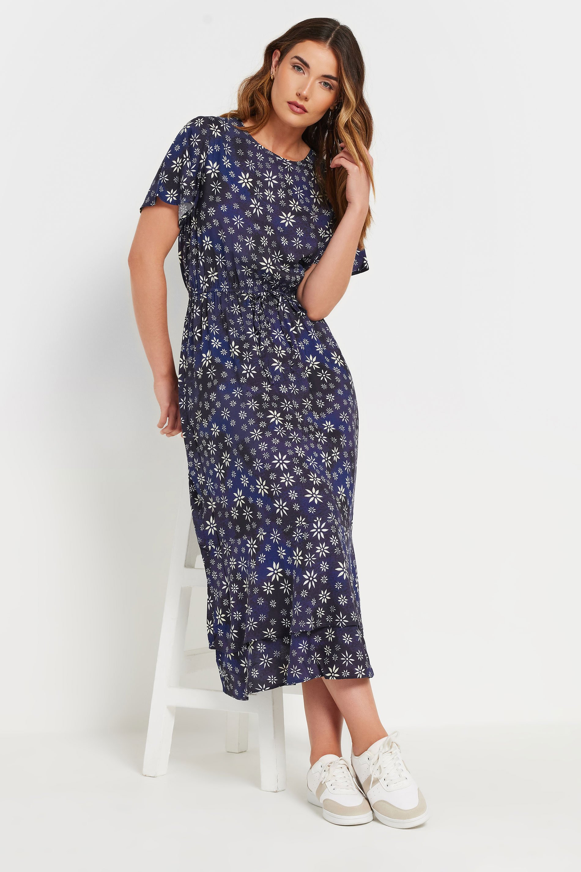 LTS Tall Navy Blue Woven Ditsy Floral Tie Waist Dress | Long Tall Sally 2