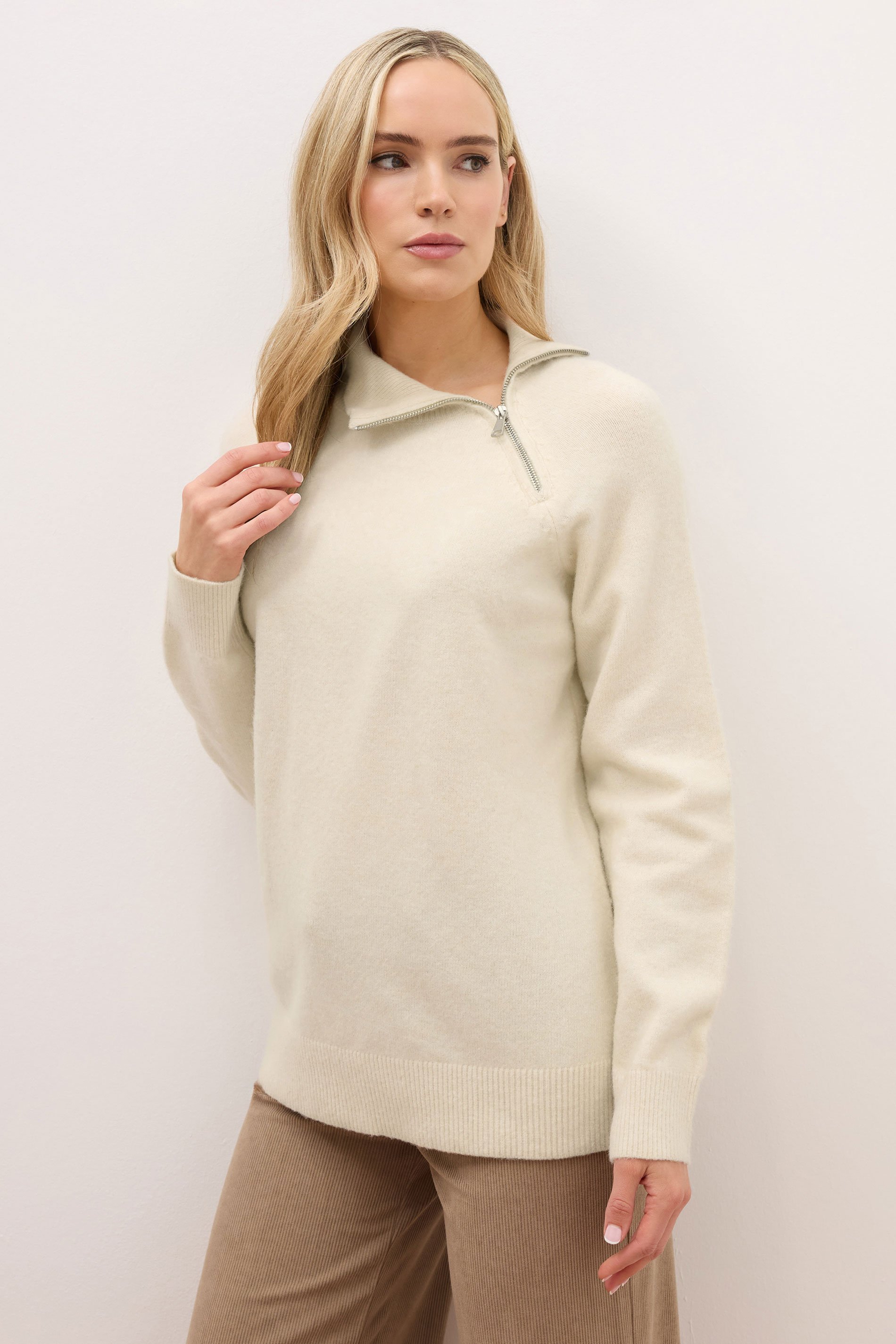 LTS PREMIUM Tall Ivory White Funnel Neck Zip Jumper | Long Tall Sally 2