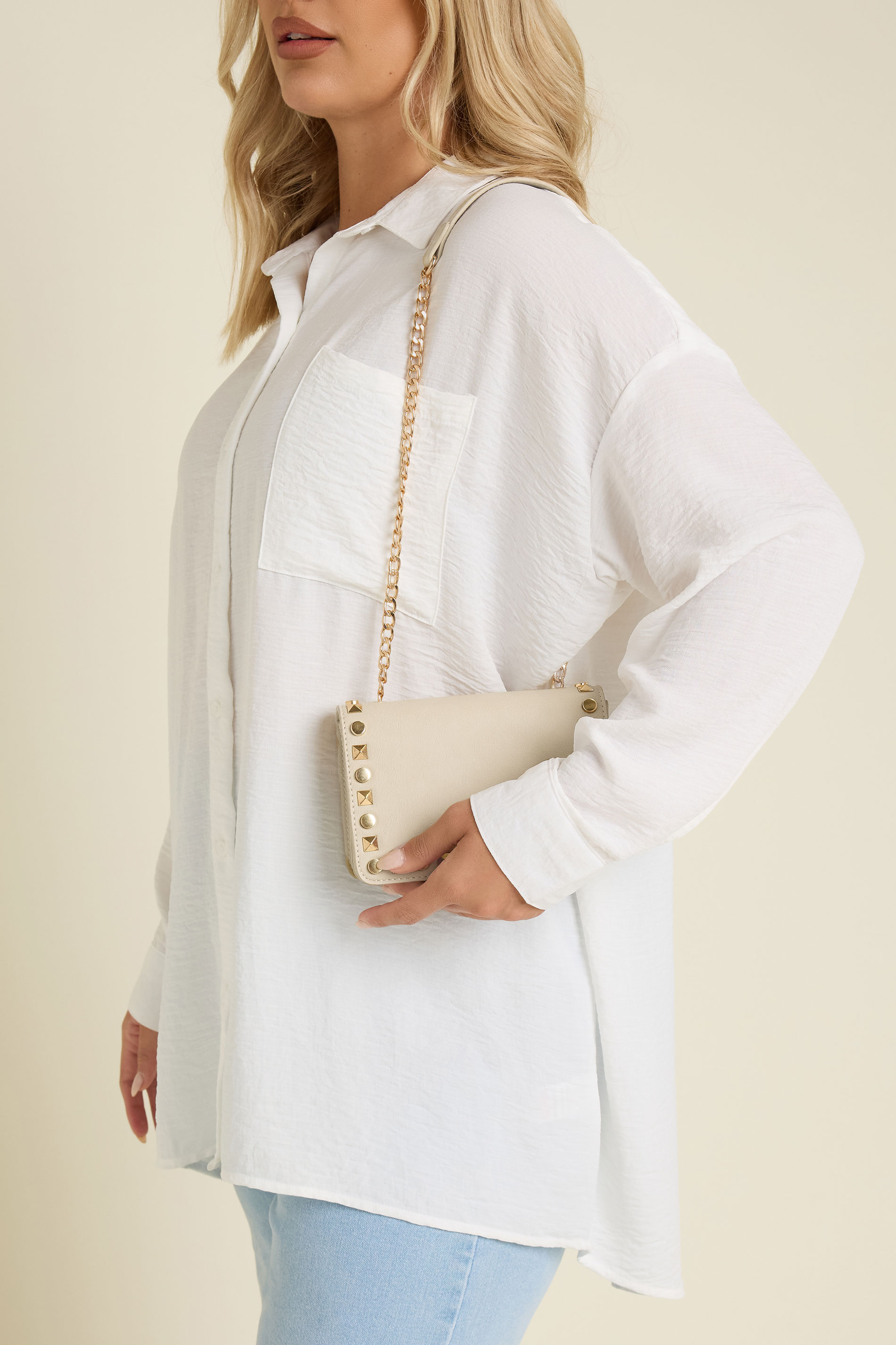 Beige Brown Faux Leather Stud Detail Cross Body Bag | Yours Clothing 1