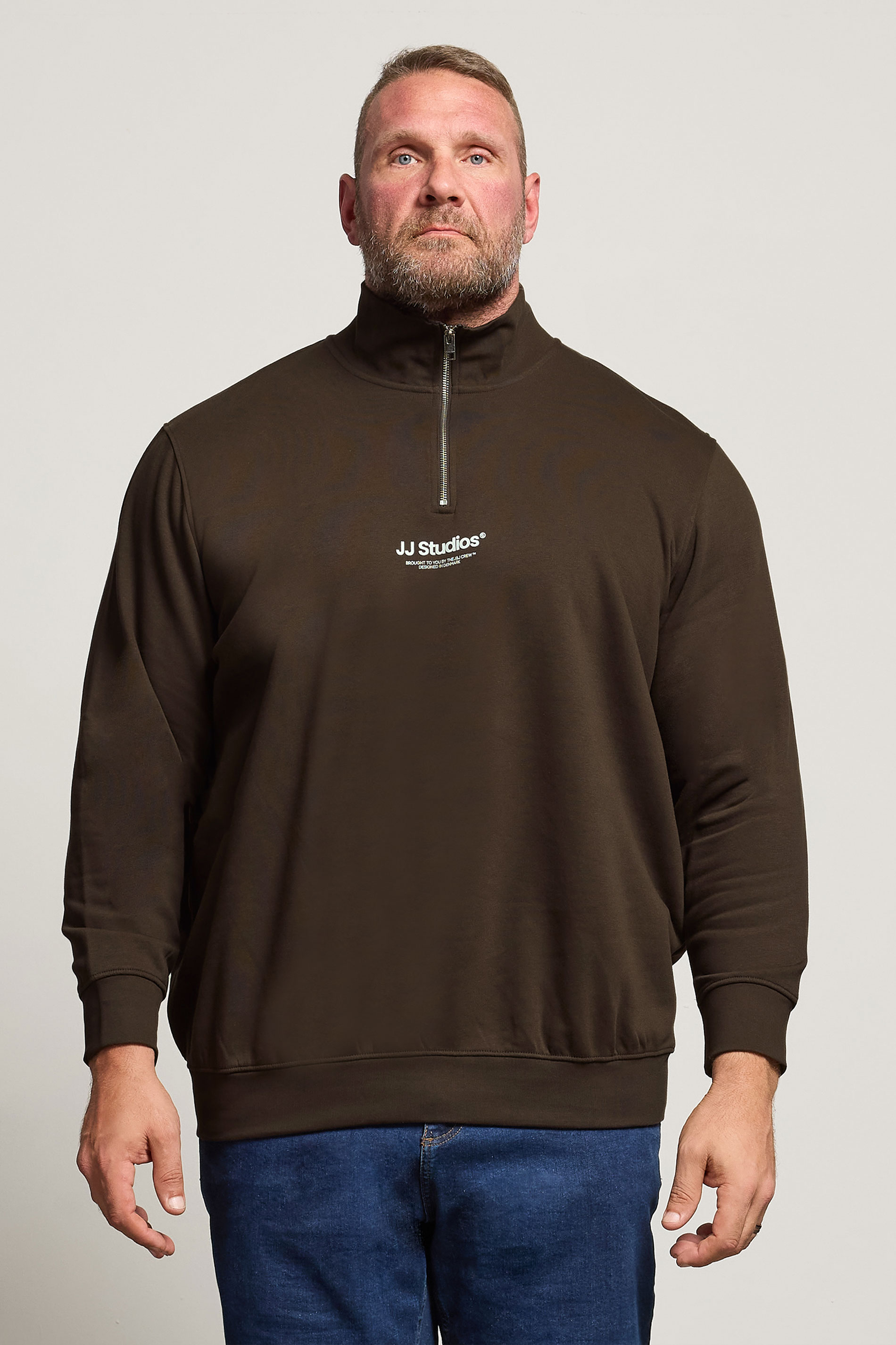 Jack & Jones Big & Tall Brown JJ Studio Quarter Zip Sweatshirt | BadRhino 1