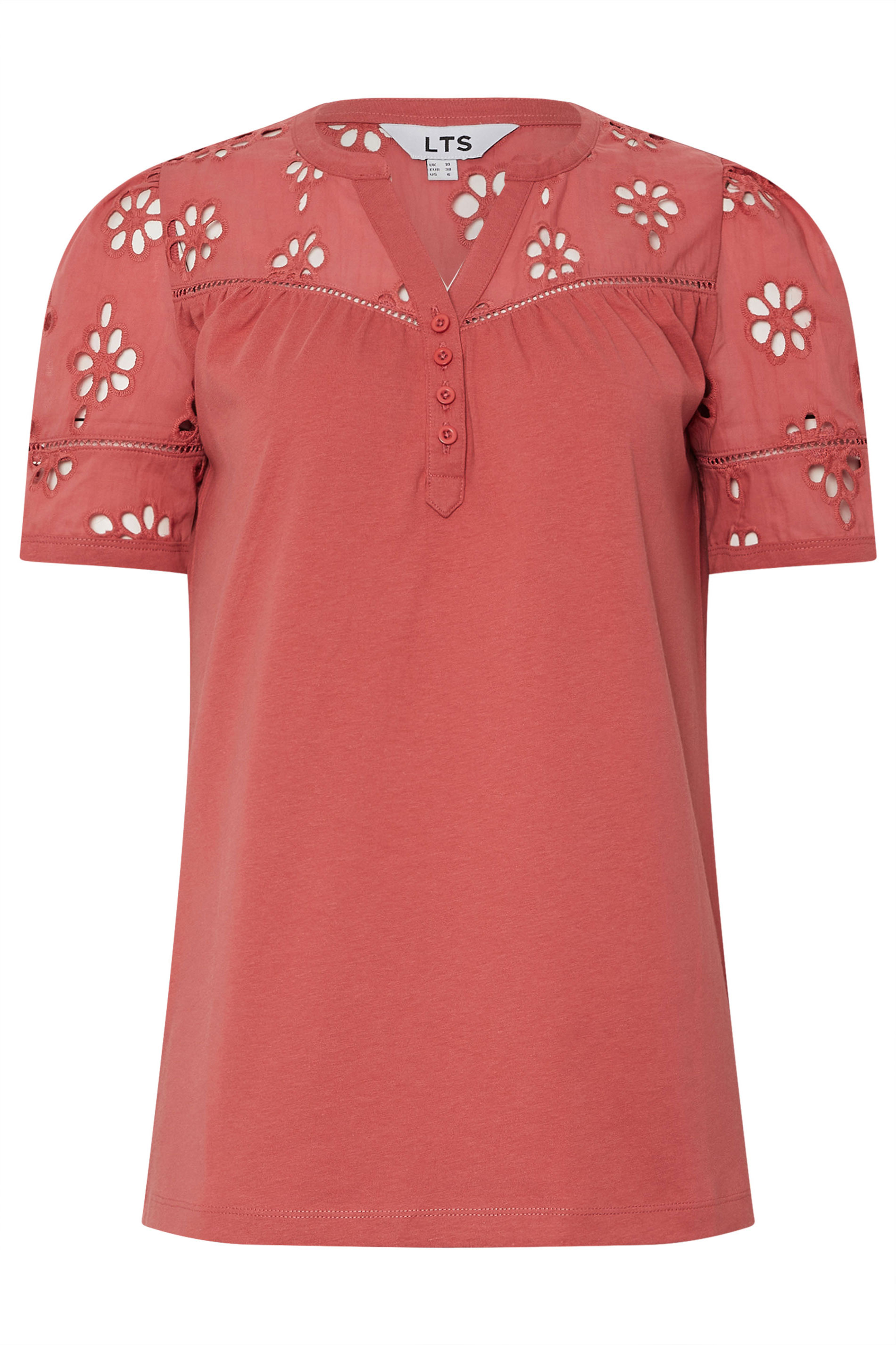 LTS Tall Coral Pink Cotton Broderie Short Sleeve Top | Long Tall Sally 5