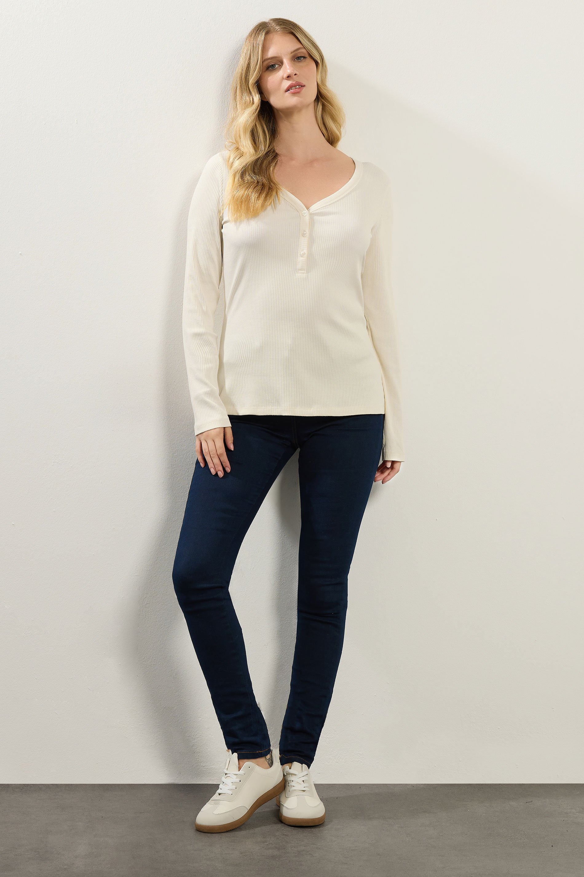 LTS Tall Ivory White Cotton Ribbed Henley Top | Long Tall Sally 2