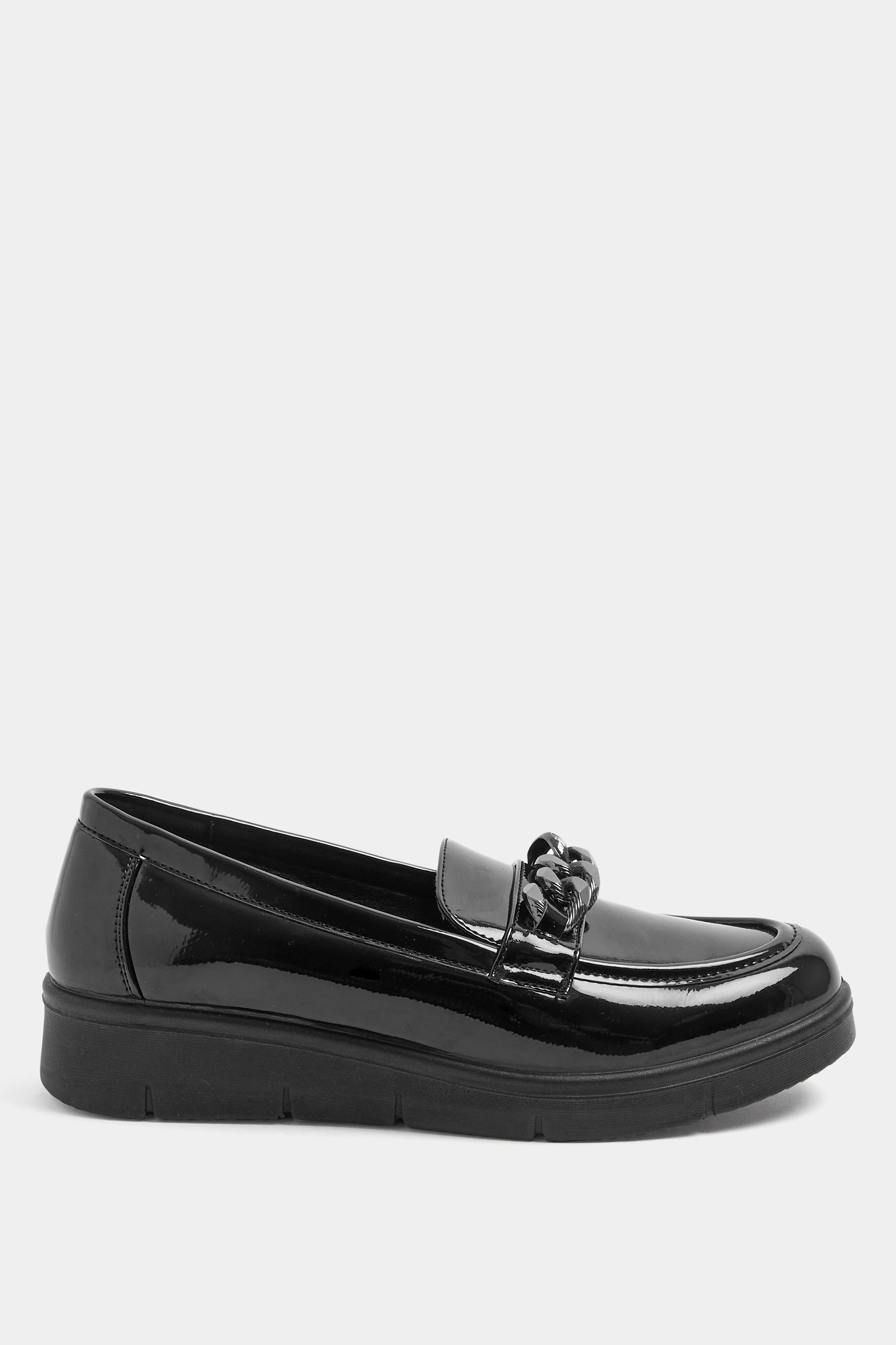 Black Chain Detail Flatform Loafers In Wide E Fit | Yours Clothing 2