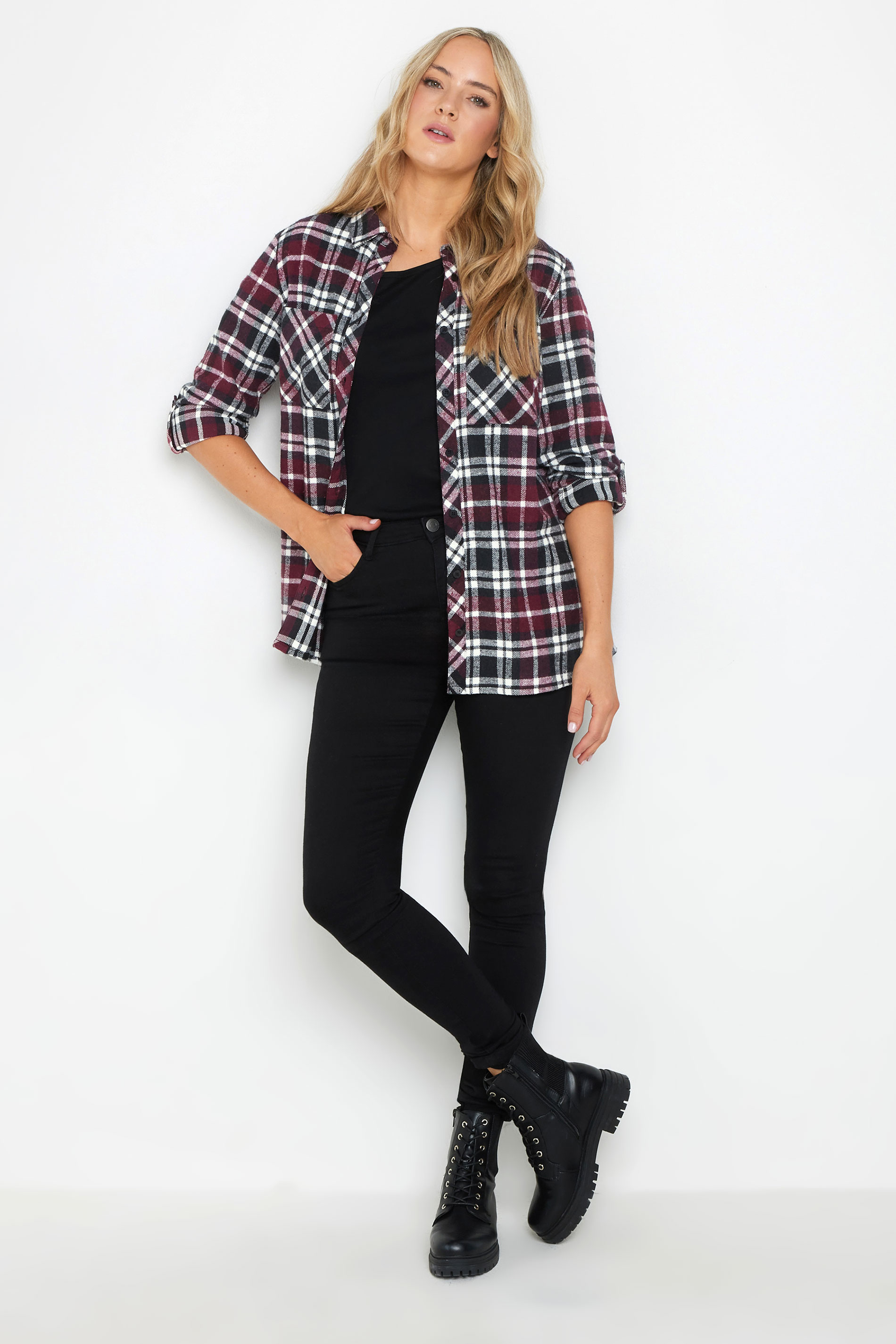 LTS Tall Burgundy Red Check Rolled Sleeve Shirt | Long Tall Sally 3