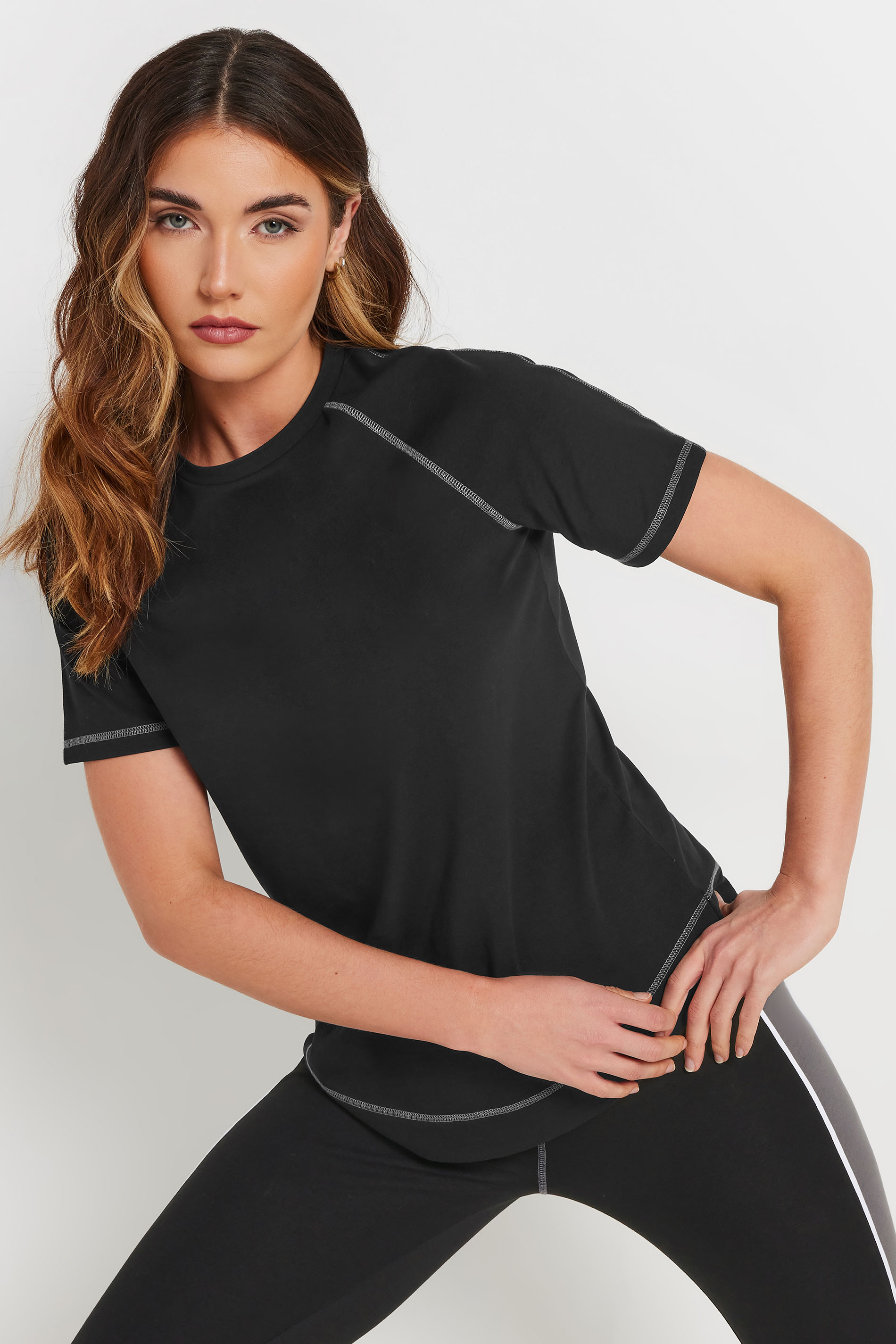 LTS Tall Black Active Curved Hemline Stitched T-Shirt | Long Tall Sally 2