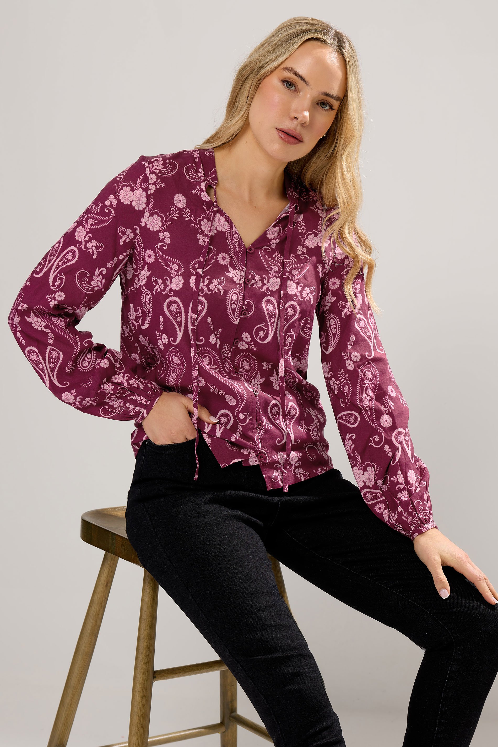 LTS Tall Dark Pink Paisley Button Tie Blouse | Long Tall Sally 1