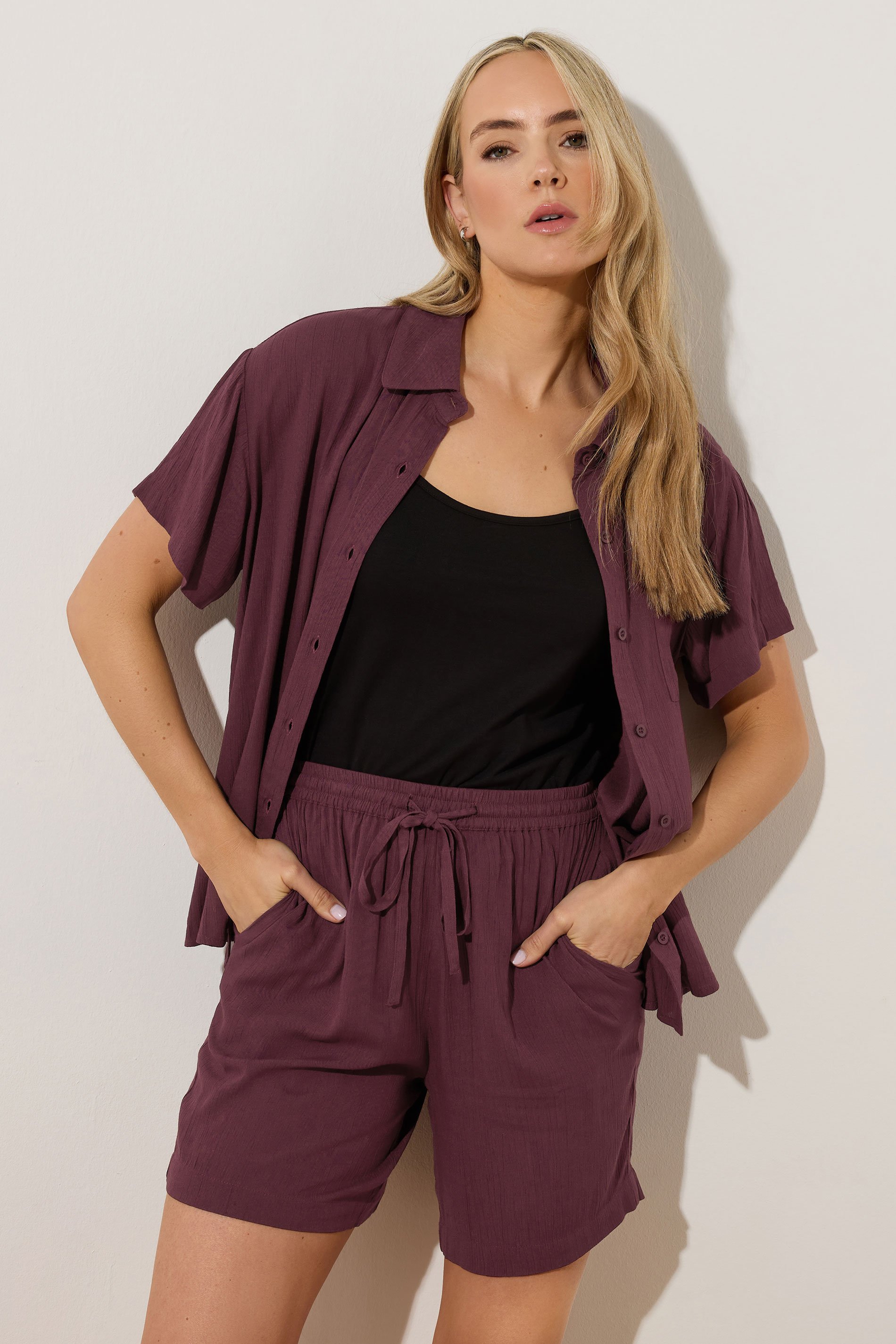 LTS Tall Dark Purple Cotton Crinkle Shorts | Long Tall Sally 1