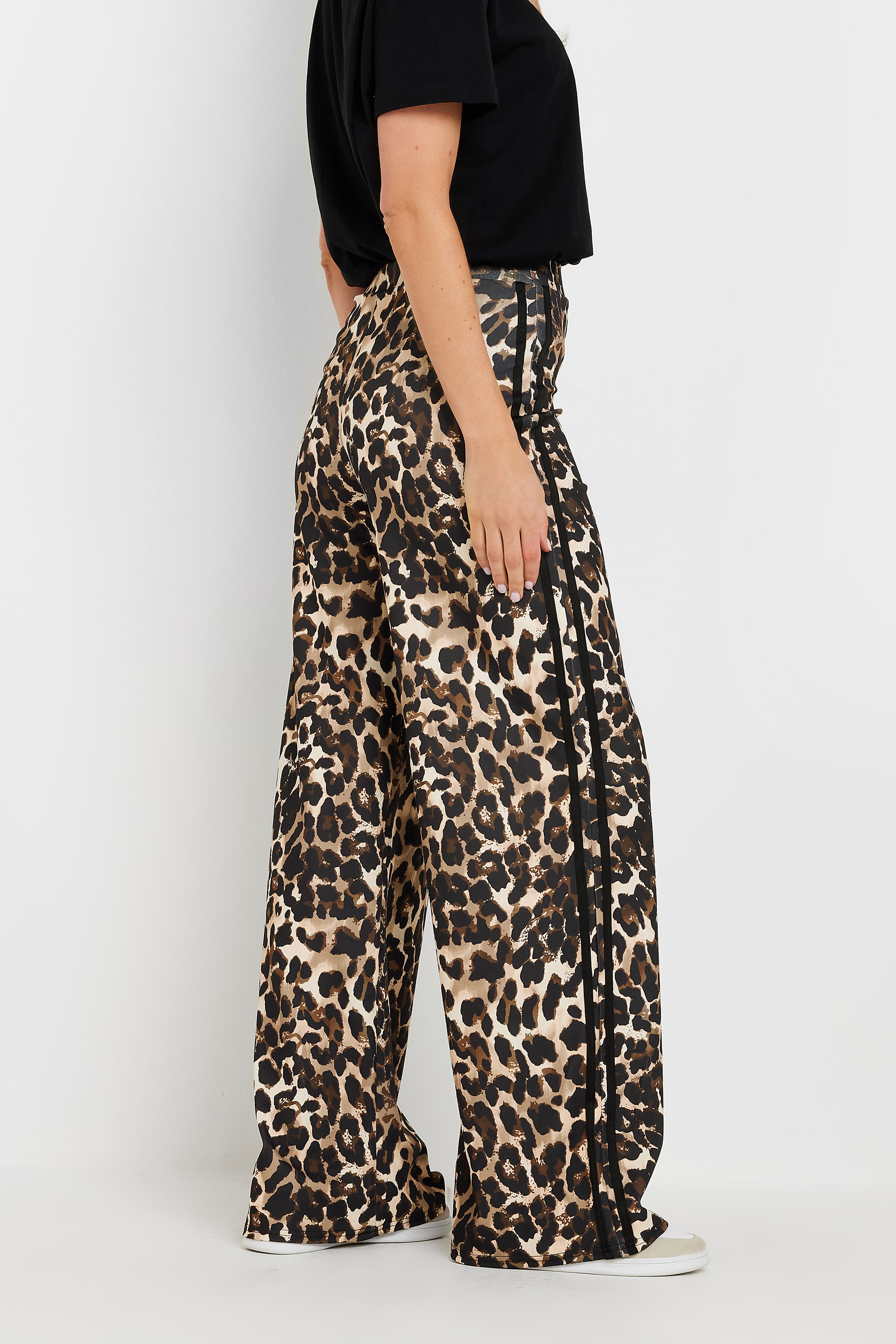 LTS Tall Beige Brown Leopard Print Stripe Trousers | Long Tall Sally 3