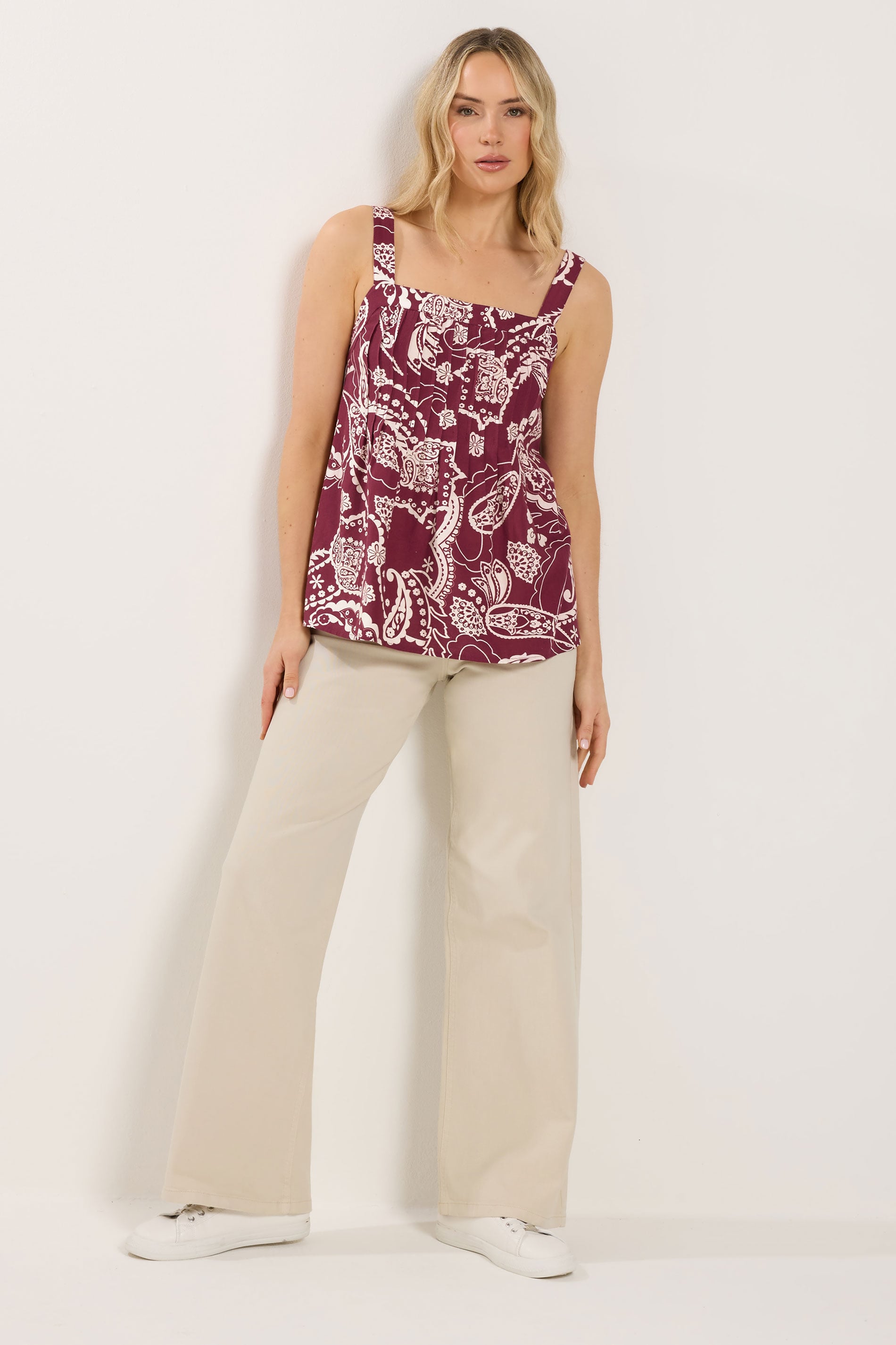 LTS Tall Women's Berry Red Paisley Pleated Linen Vest Top | Long Tall Sally 2