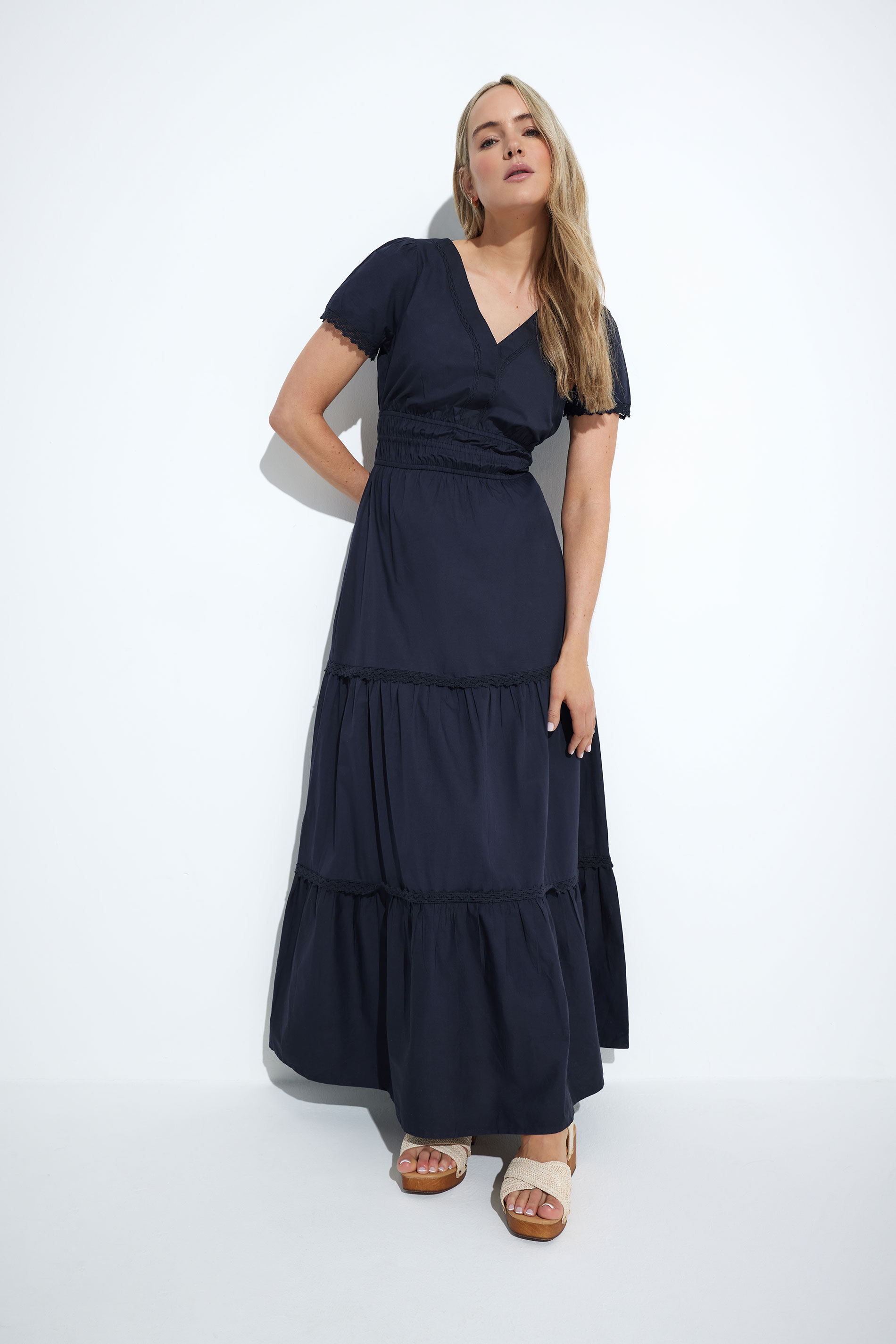 LTS Tall Navy Blue Lace Insert Tiered Maxi Dress | Long Tall Sally 1