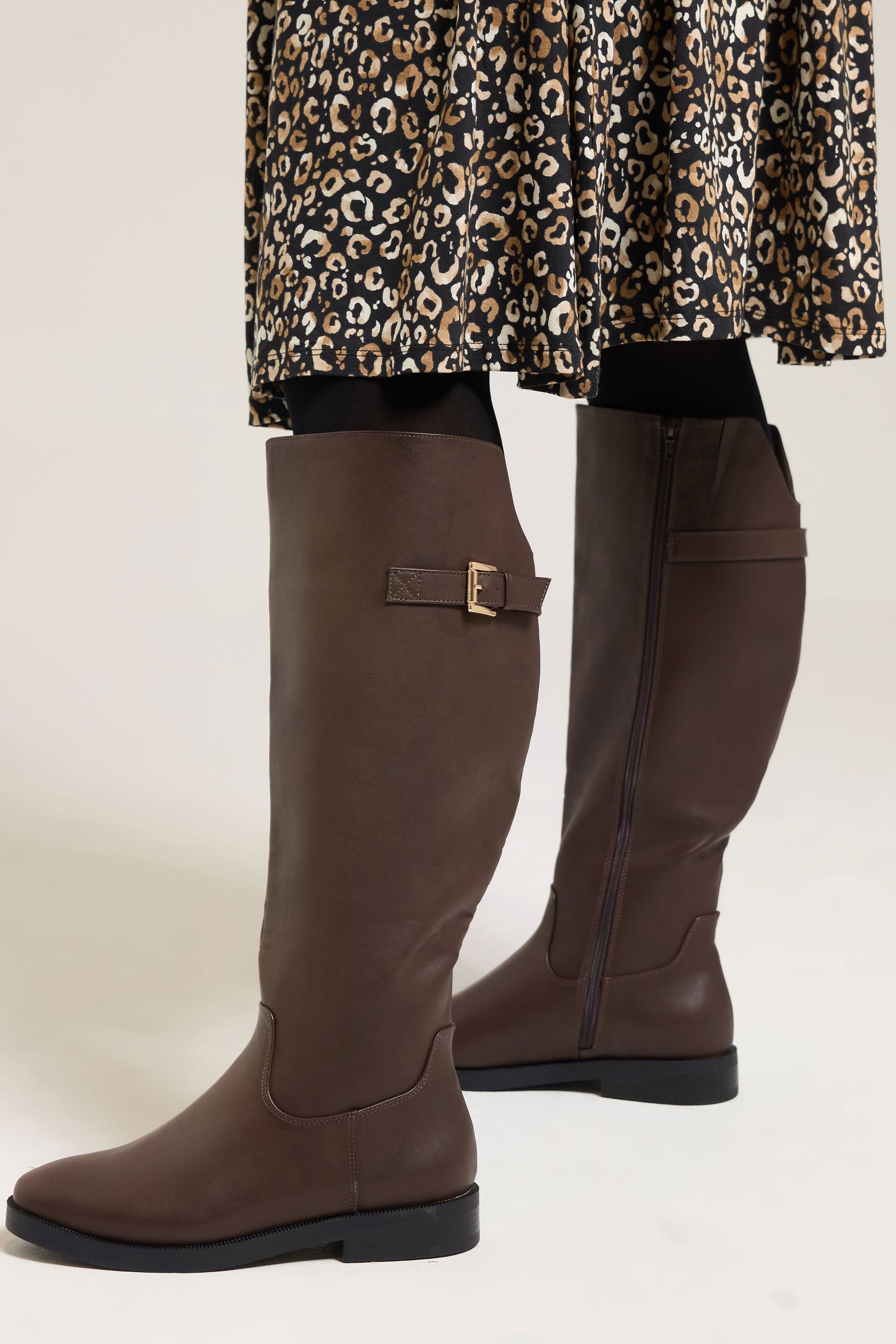 Brown Faux Leather Buckle Detail Knee High Boots In Extra Wide EEE Fit | Yours Clothing 1