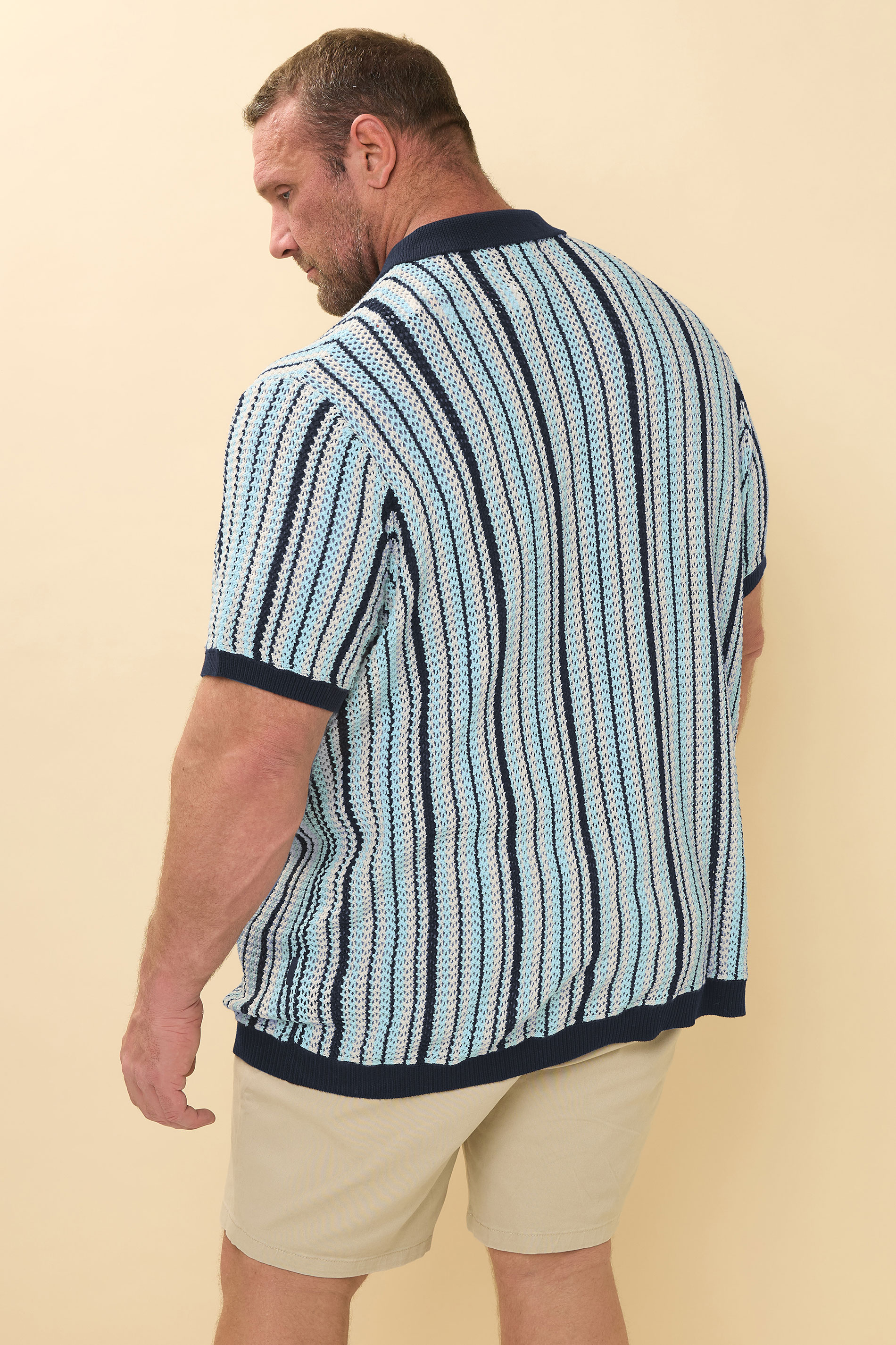 BadRhino Big & Tall Blue & White Stripe Knitted Revere Collar Shirt  3