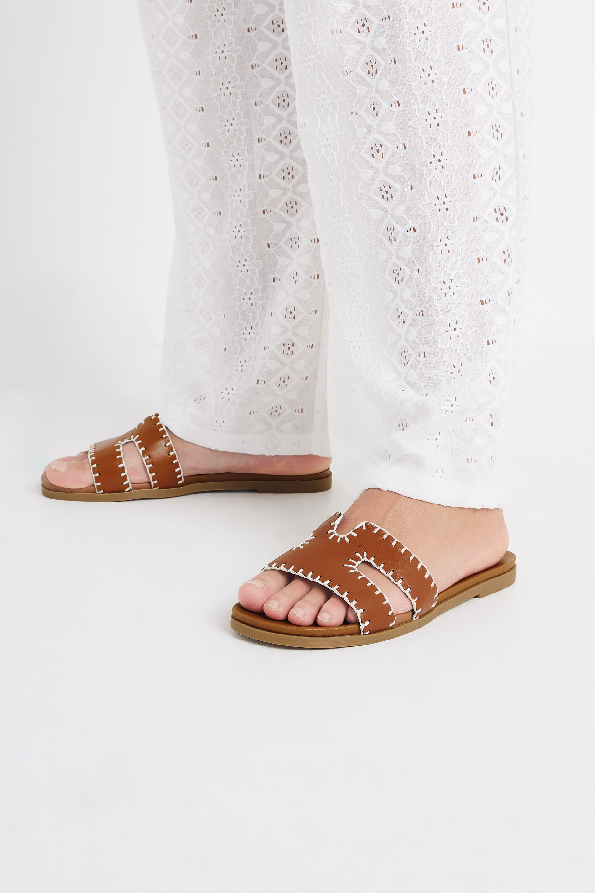 Brown Faux Leather Stitched Mule Sandals In Extra Wide EEE Fit | Yours Clothing 2