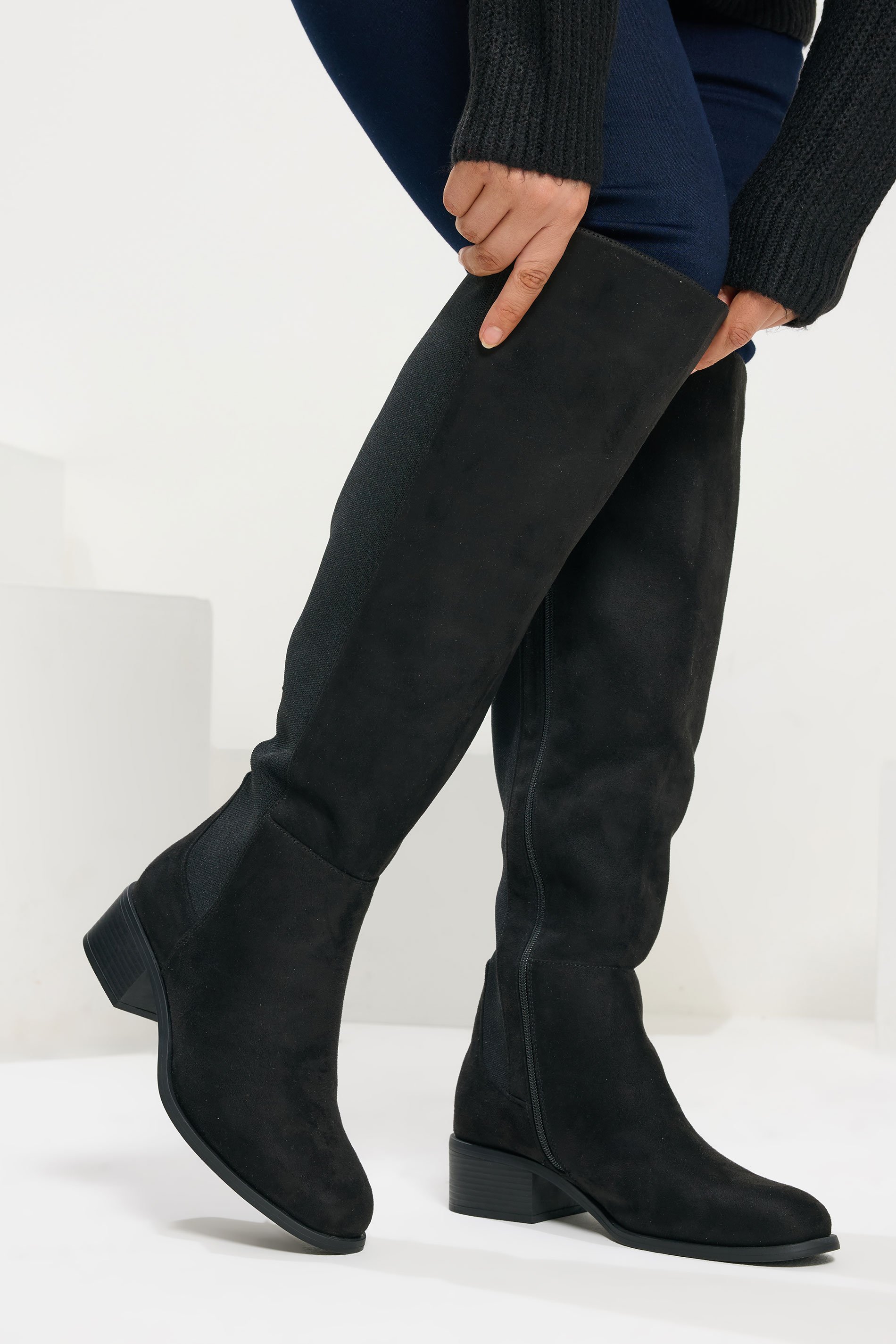 Black Faux Suede Elasticated Knee High Boots In Extra Wide EEE Fit | Yours Clothing 1