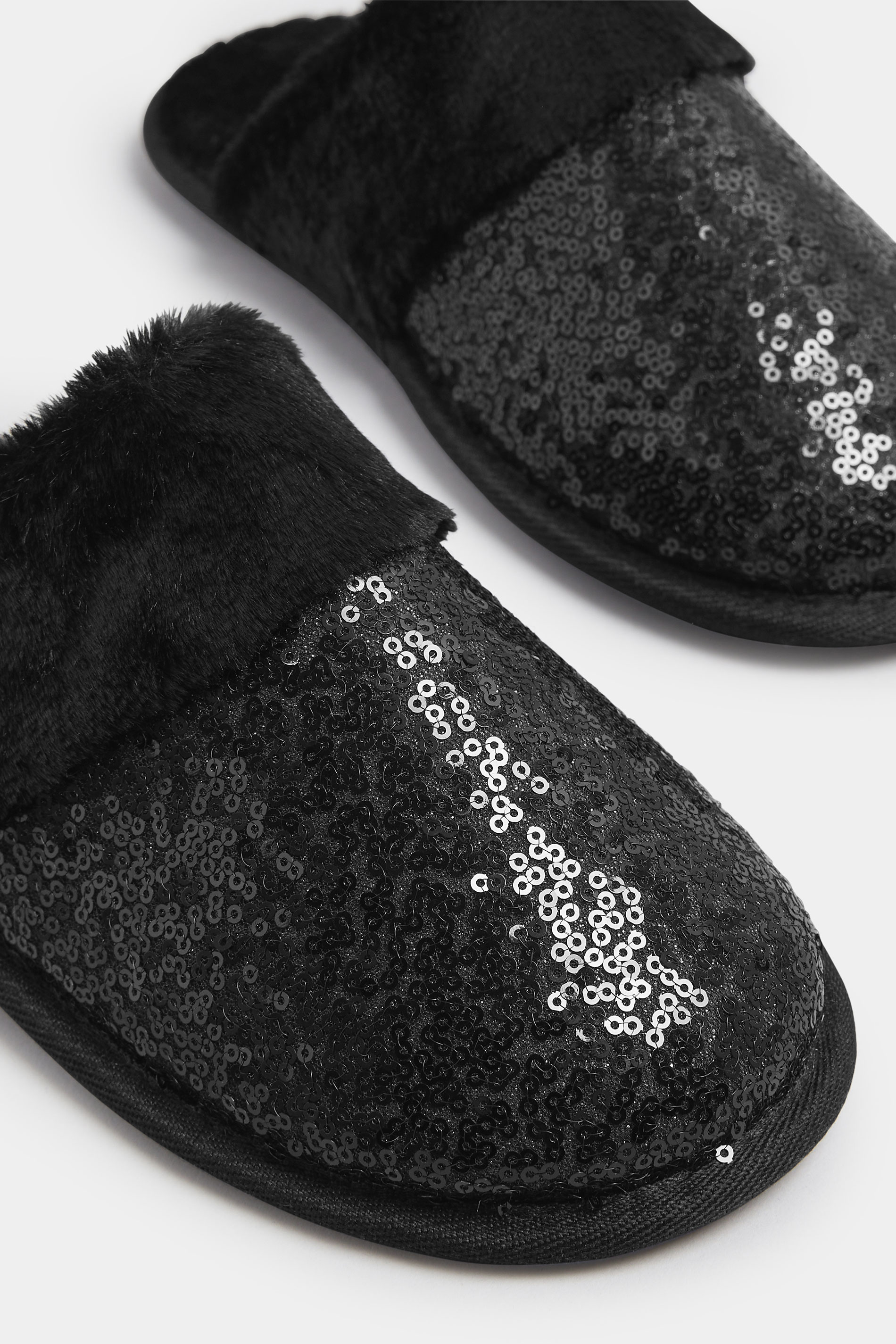 Black Sequin Mule Slippers | Yours Clothing 5