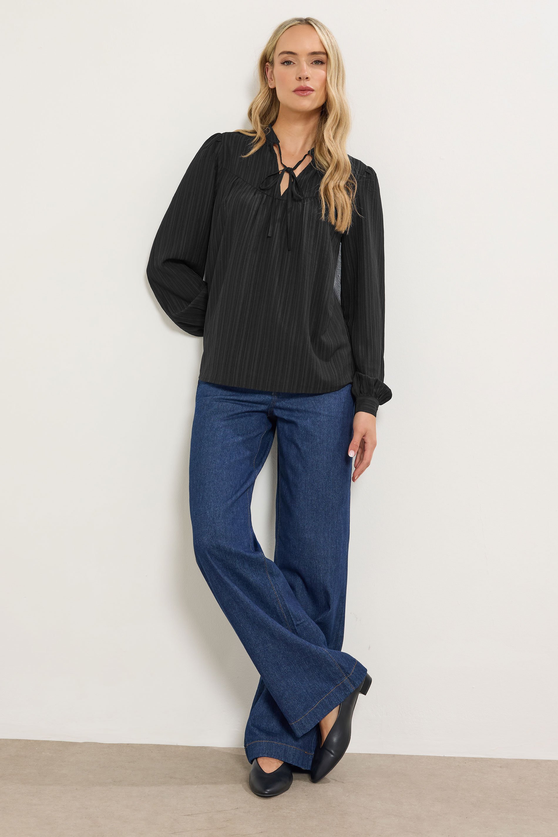 LTS Tall Black Textured Tie Neck Blouse | Long Tall Sally 1