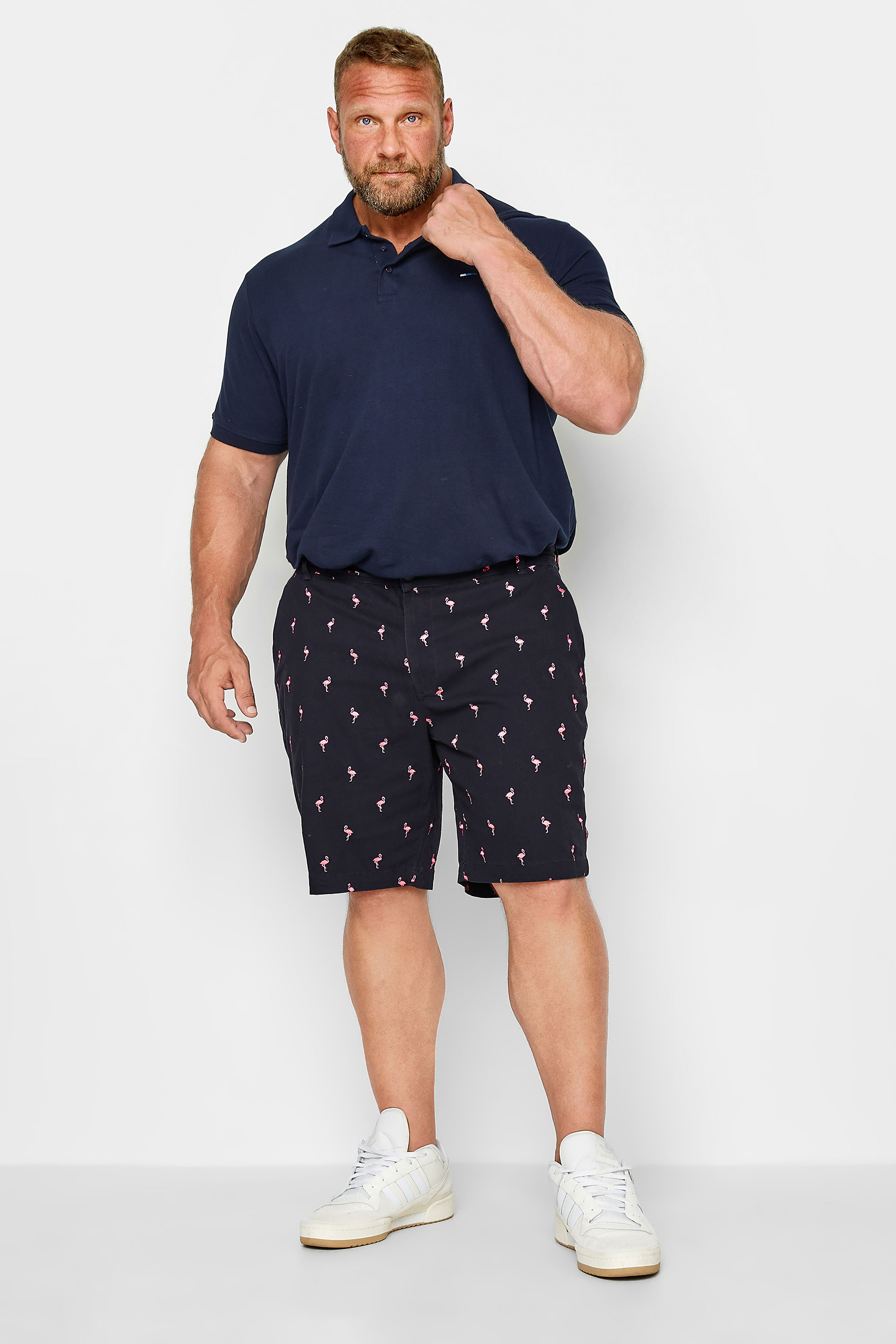 BadRhino Big & Tall Navy Blue Flamingo Embroidered Stretch Chino Shorts | BadRhino 2