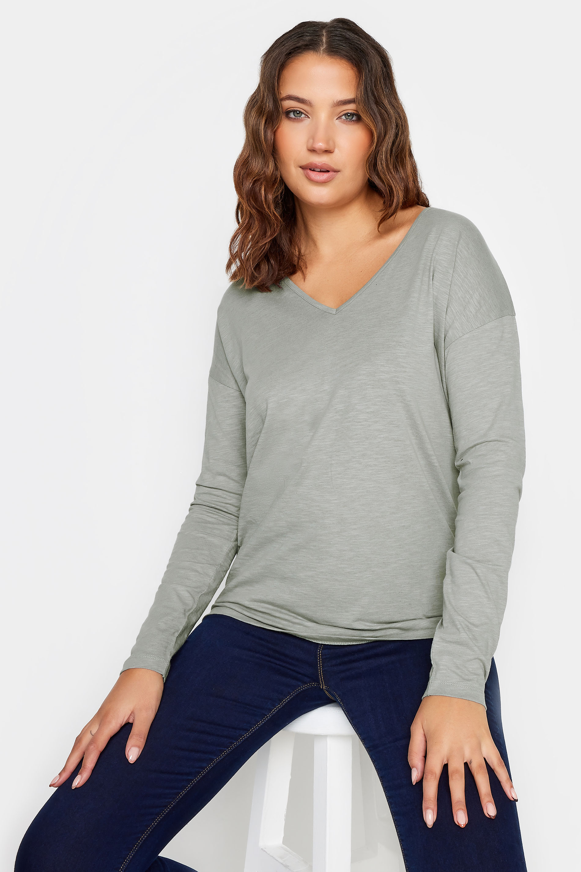 LTS Tall Light Grey V-Neck Long Sleeve Cotton T-Shirt | Long Tall Sally 1