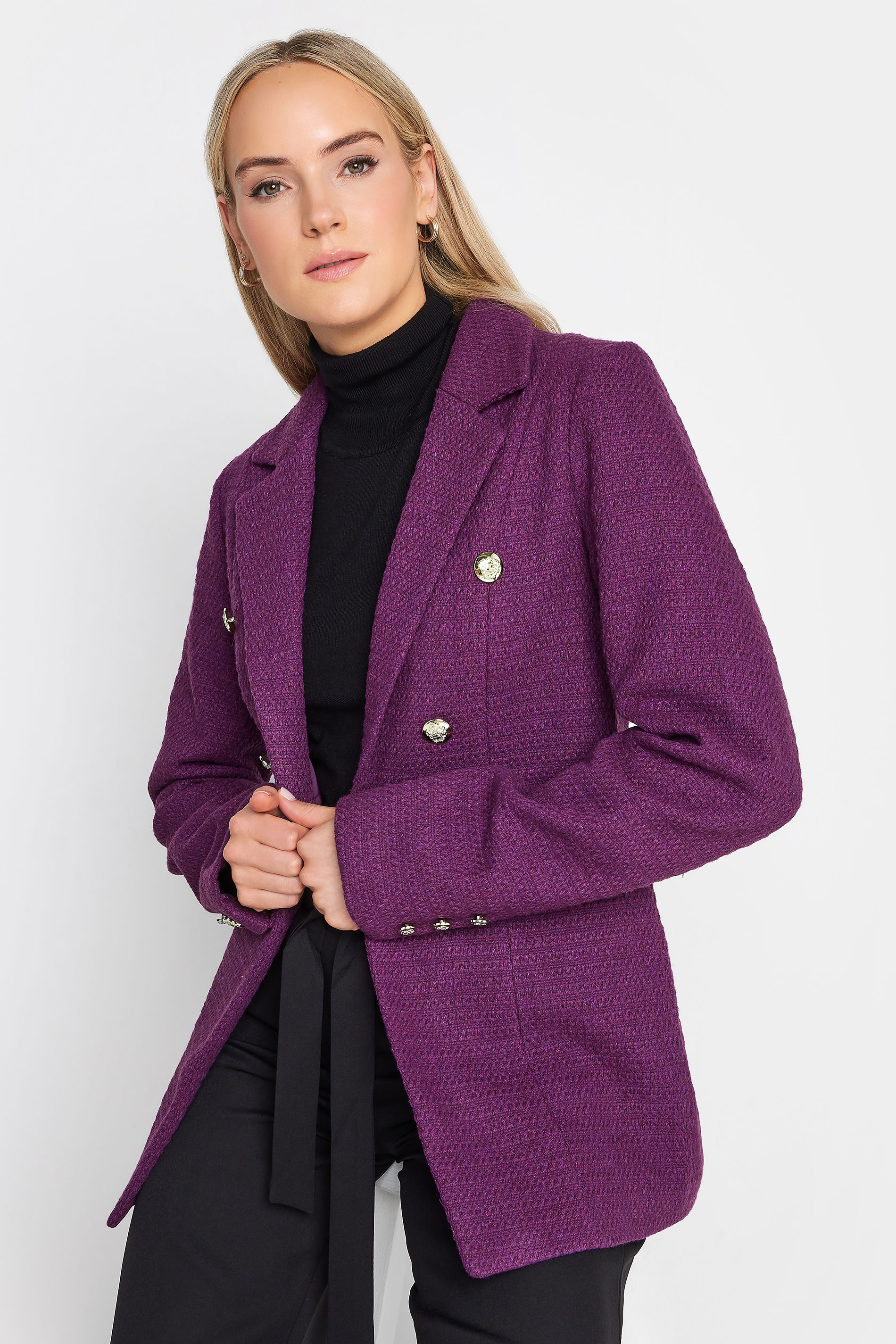 LTS Tall Dark Purple Boucle Button Detail Blazer | Long Tall Sally  4