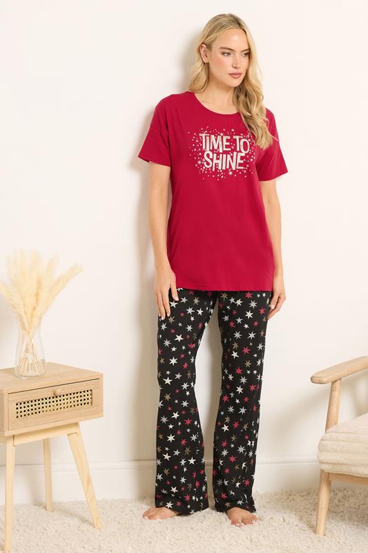 LTS Tall Red 'Time To Shine' Slogan Wide Leg Pyjama Set | Long Tall Sally 1