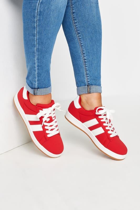 Plus Size  Yours Red Padded Lace Up Trainers In Wide E Fit