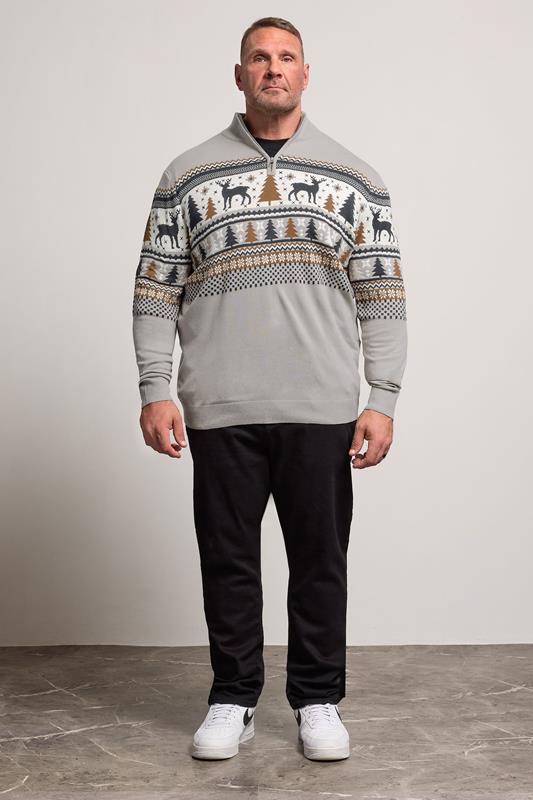 BadRhino Big & Tall Grey Fairisle Deer Quarter Zip Knitted Jumper | BadRhino 4