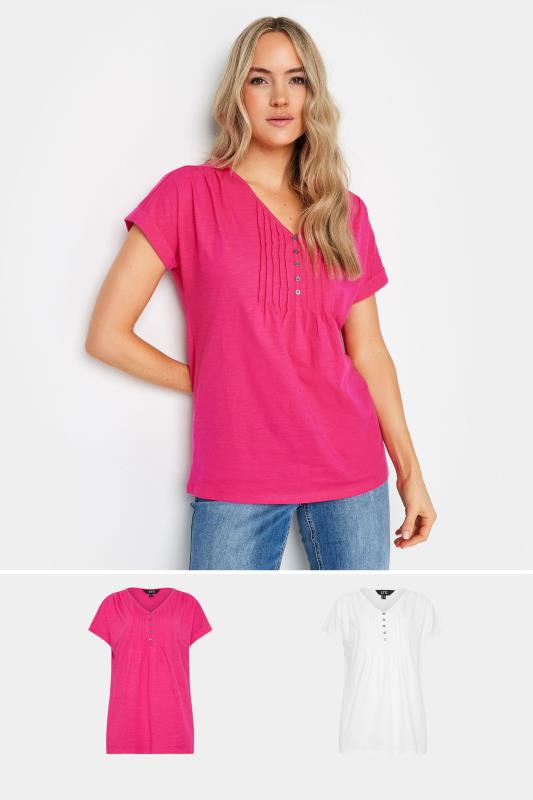 LTS 2 PACK Tall Women's Bright Pink & White Cotton Henley T-Shirts | Long Tall Sally 1