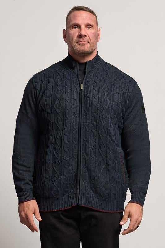 D555 Big & Tall Navy Blue Marl Zip Through Cable Knit Jumper