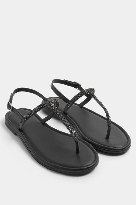Black Diamante Toe Post Sandals In Extra EEE Wide Fit | Yours Clothing 1