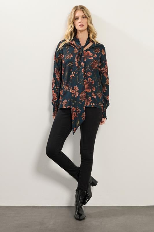 LTS Tall Teal Blue Floral Tie Neck Blouse | Long Tall Sally  3