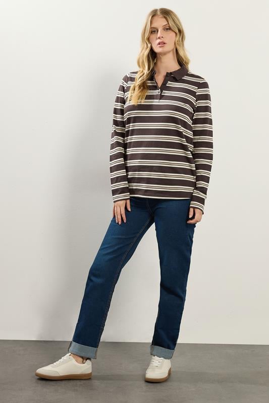 LTS Tall Chocolate Brown Striped Jersey Polo Top | Long Tall Sally 2