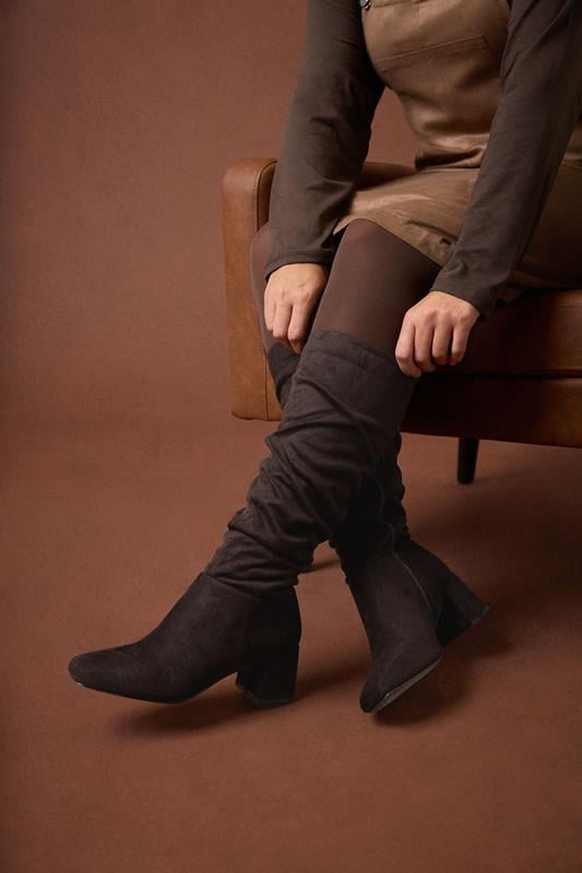 Plus Size  Yours Chocolate Brown Faux Suede Ruched Knee High Boots In Standard Fit
