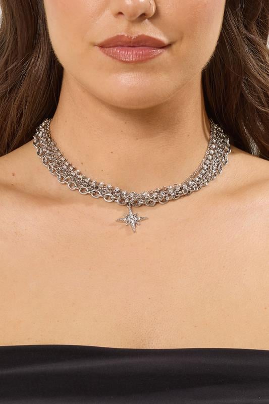 Silver Tone Star Diamante Choker Necklace