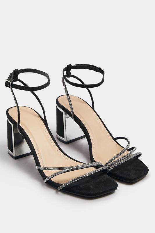 Silver Asymmetric Diamante Block Heel Sandals In Standard Fit | Yours Clothing 1