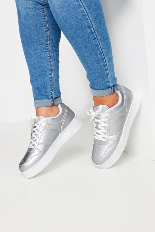 Plus Size  Yours Silver Metallic Chunky Lace Up Trainers In Wide E Fit