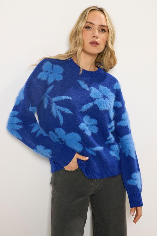 LTS Tall Blue Floral Fluffy Knit Jumper | Long Tall Sally 1