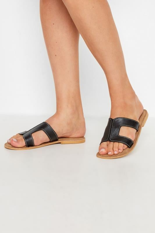 Tall  LTS Black Leather Cut Out Mule Sandals In Standard Fit