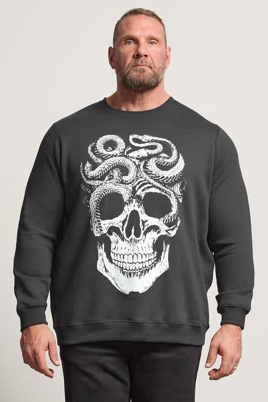 BadRhino Big & Tall Ebony Grey Skull & Snake Graphic Sweatshirt