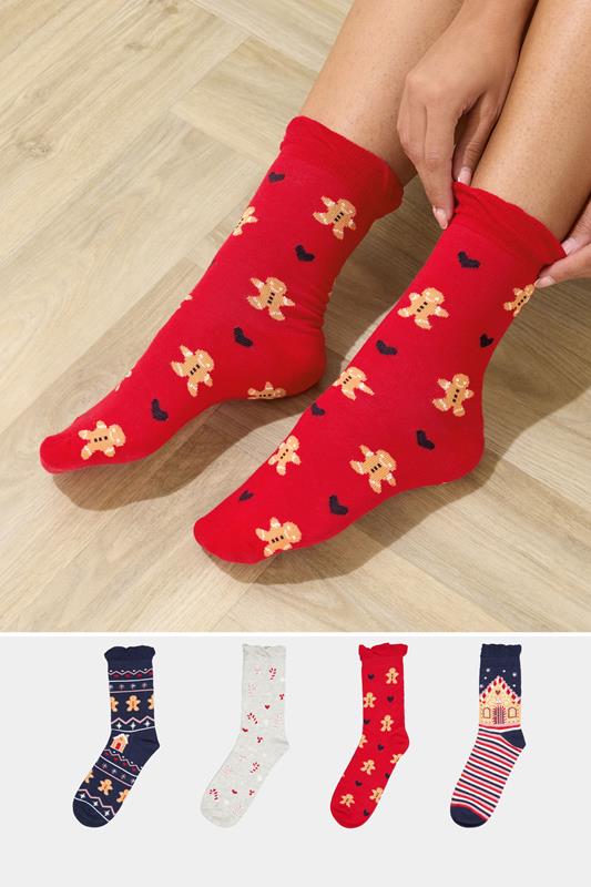 4 PACK Blue & Red Gingerbread Christmas Socks | Yours Clothing 1