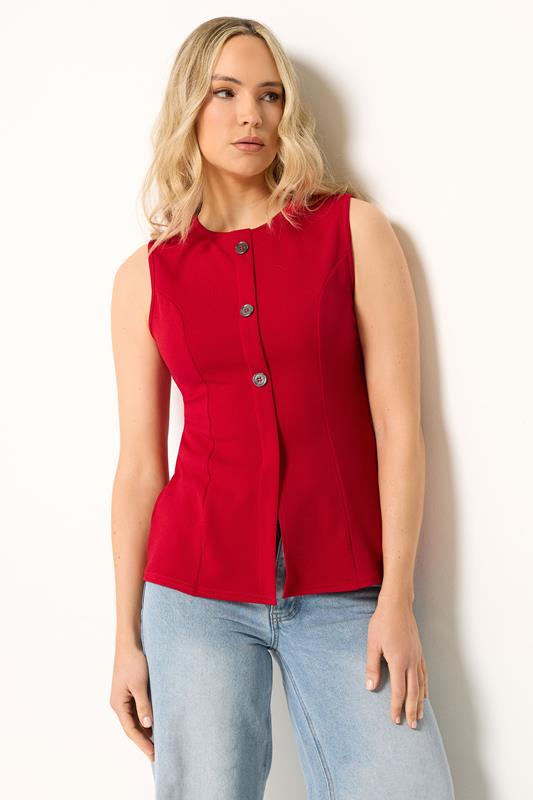 LTS Tall Bright Red Textured Button Waistcoat