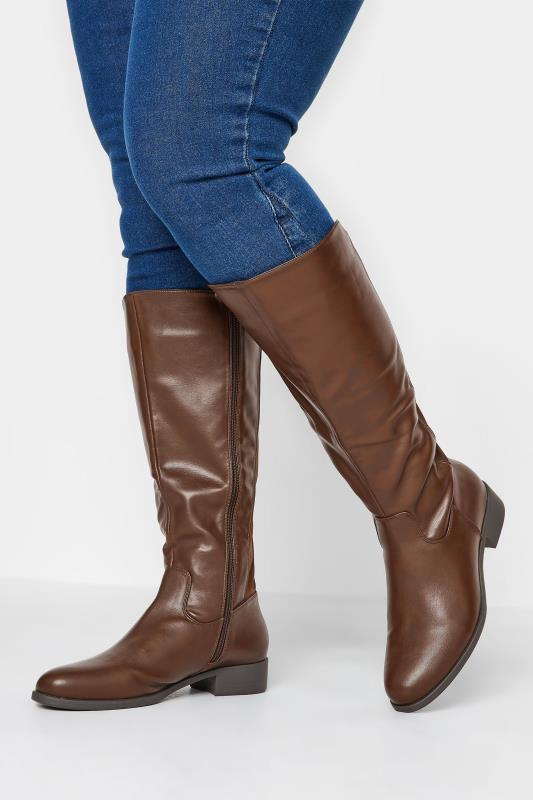 Plus Size  Yours Chocolate Brown PU Stretch Heeled Knee High Boots In Wide E Fit & Extra Wide EEE Fit