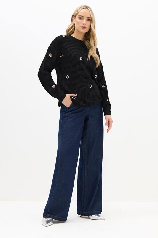 LTS Tall Black Knitted Eyelet Jumper | Long Tall Sally 2