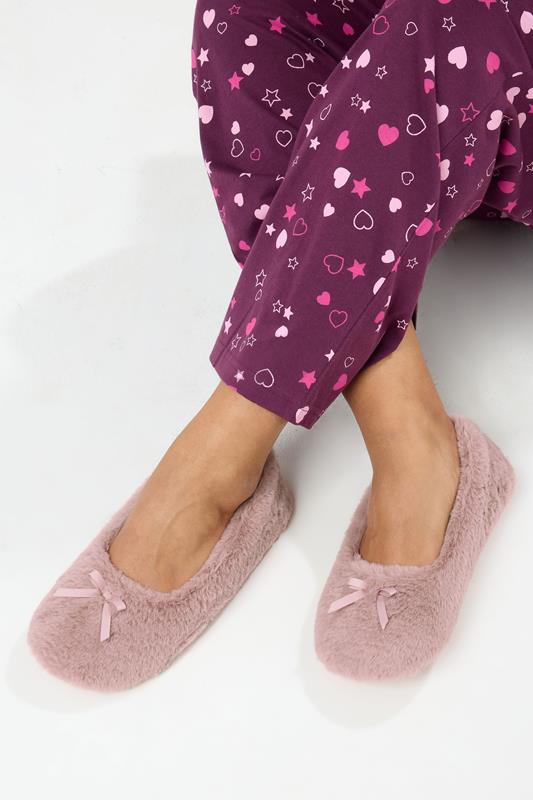 Pink Plush Bow Front Ballet Slippers | Yours Clothing 2